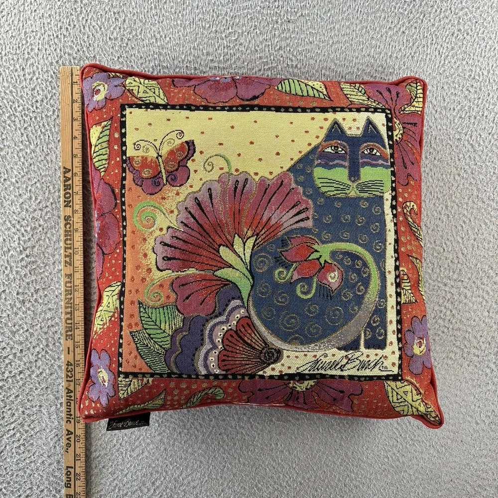 Laurel Burch Cat Tapestry Pillow 18x18 Accent Colorful Signed‎ Whimsical Velvet